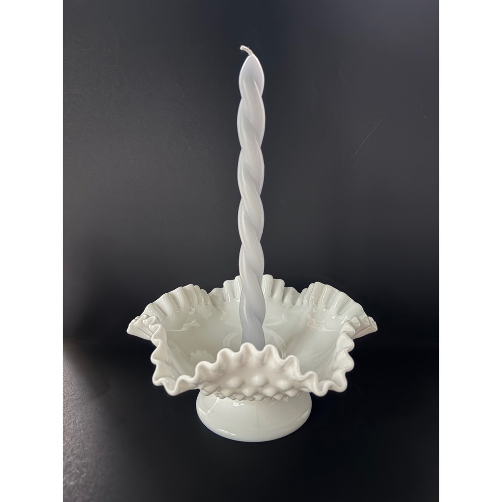 Fenton Hobnail | White Milk Glass | Ruffled Pedestal Candle Holder | Centerpiece - Picture 10 of 11